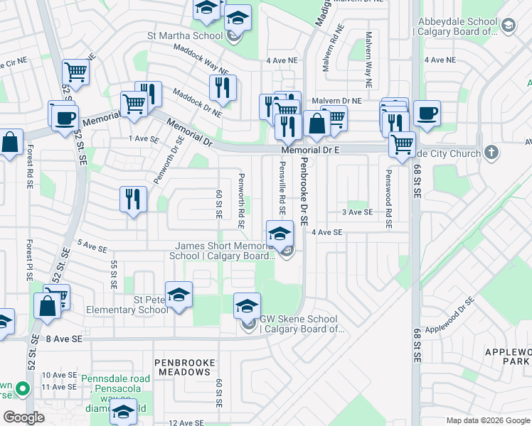 map of restaurants, bars, coffee shops, grocery stores, and more near in Calgary