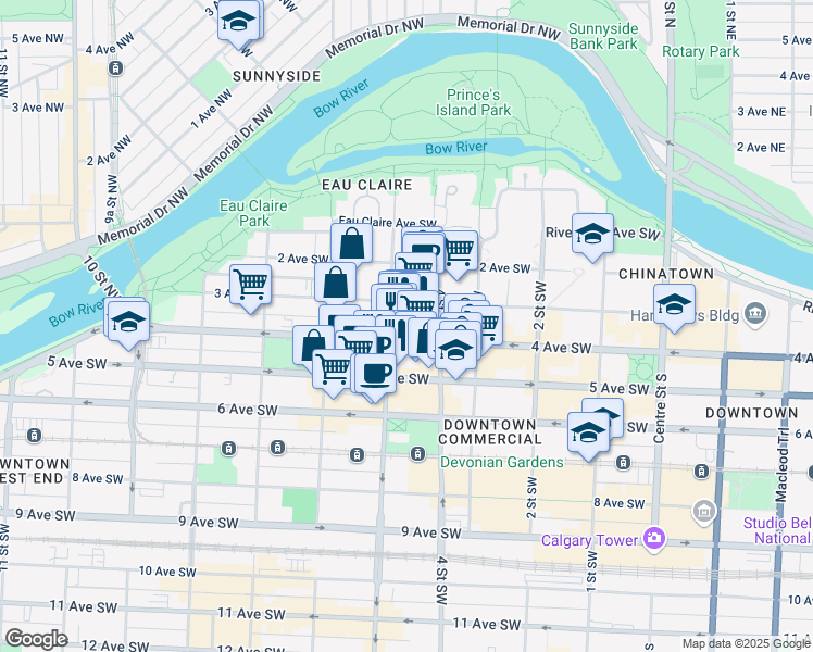 map of restaurants, bars, coffee shops, grocery stores, and more near 528 4 Avenue Southwest in Calgary