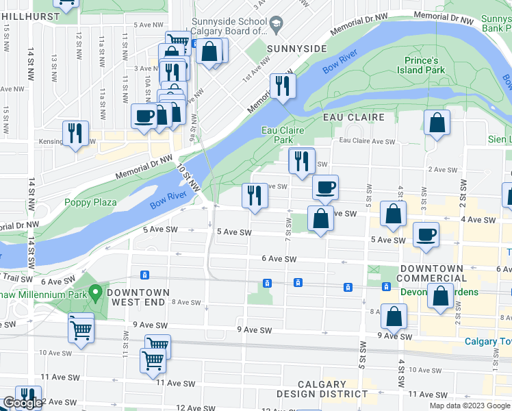 map of restaurants, bars, coffee shops, grocery stores, and more near 903 4 Avenue Southwest in Calgary