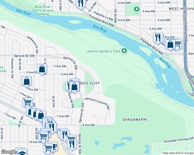 map of restaurants, bars, coffee shops, grocery stores, and more near 512 Cedar Crescent Southwest in Calgary