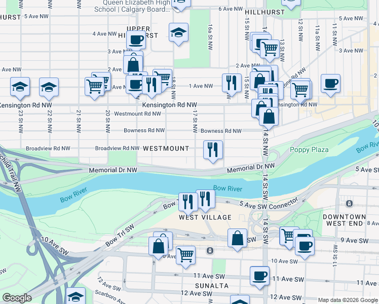 map of restaurants, bars, coffee shops, grocery stores, and more near 100 17 Street Northwest in Calgary