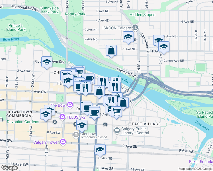 map of restaurants, bars, coffee shops, grocery stores, and more near in Calgary