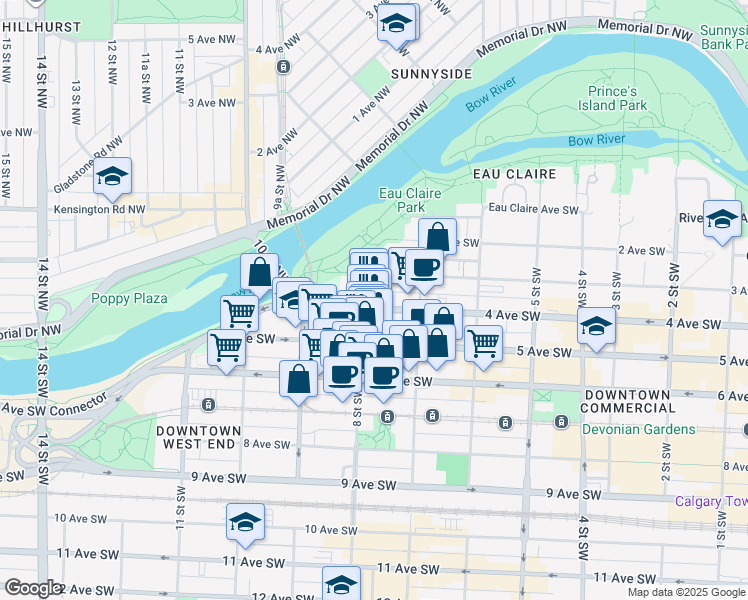 map of restaurants, bars, coffee shops, grocery stores, and more near 888 4 Avenue Southwest in Calgary