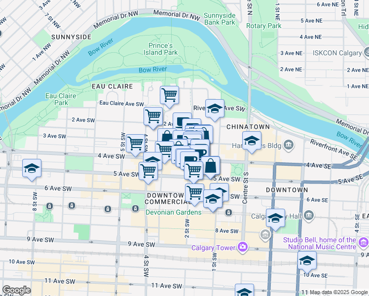 map of restaurants, bars, coffee shops, grocery stores, and more near 308 4 Avenue Southwest in Calgary