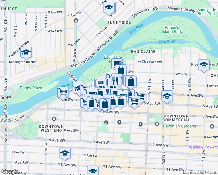 map of restaurants, bars, coffee shops, grocery stores, and more near 816 4 Avenue Southwest in Calgary