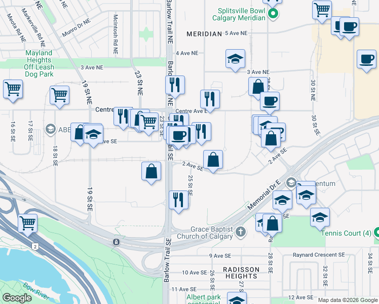 map of restaurants, bars, coffee shops, grocery stores, and more near 416 Meridian Road Southeast in Calgary