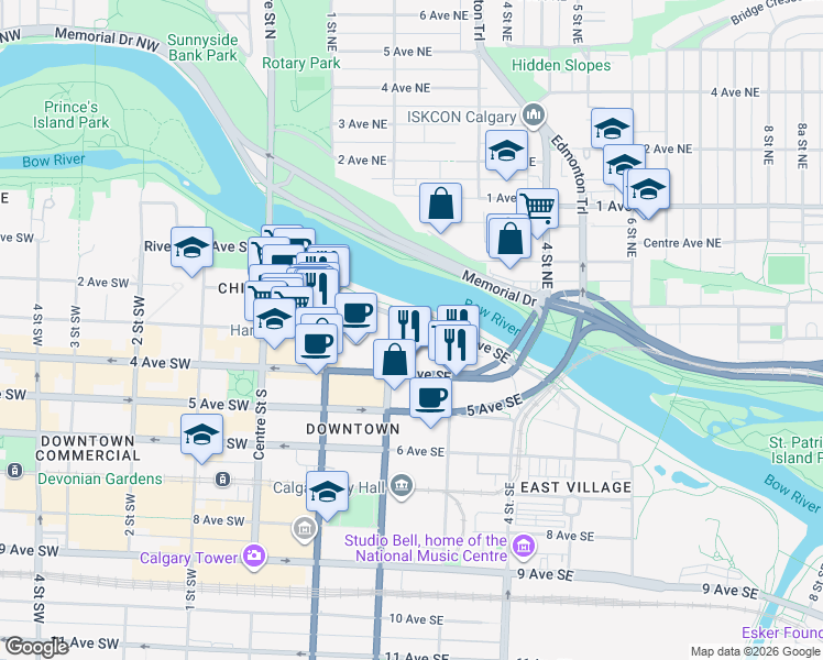 map of restaurants, bars, coffee shops, grocery stores, and more near 333 Riverfront Avenue Southeast in Calgary