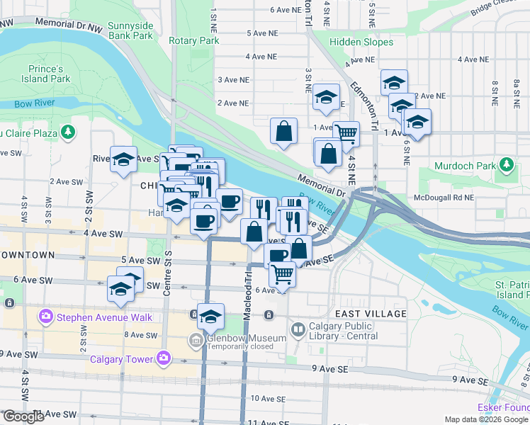 map of restaurants, bars, coffee shops, grocery stores, and more near 333 Riverfront Avenue Southeast in Calgary