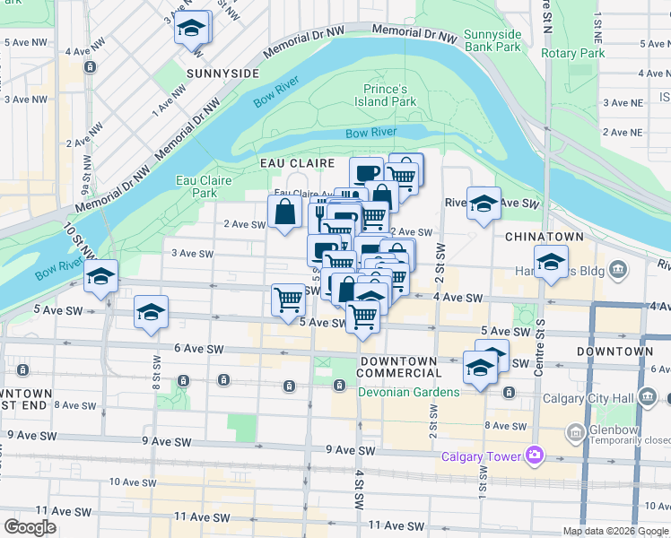 map of restaurants, bars, coffee shops, grocery stores, and more near 521 3 Avenue Southwest in Calgary