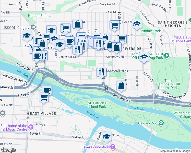 map of restaurants, bars, coffee shops, grocery stores, and more near 918 McPherson Square Northeast in Calgary