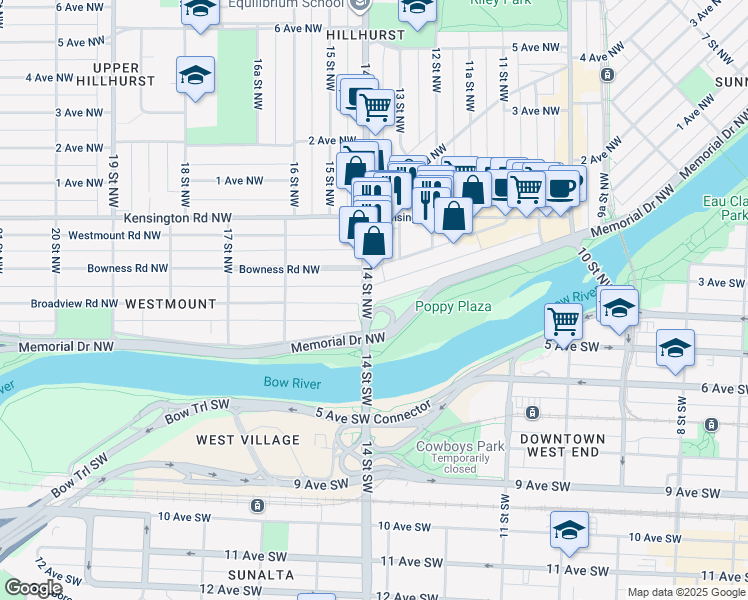 map of restaurants, bars, coffee shops, grocery stores, and more near 2 14 Street Northwest in Calgary