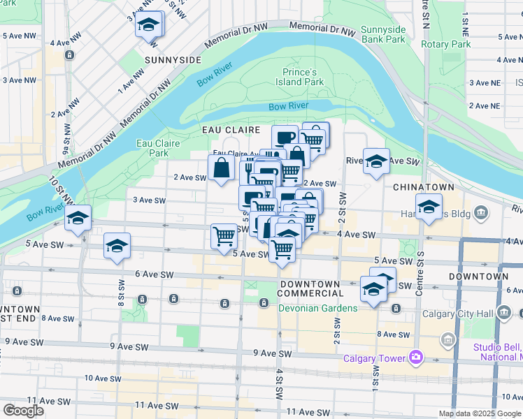 map of restaurants, bars, coffee shops, grocery stores, and more near 521 3 Avenue Southwest in Calgary