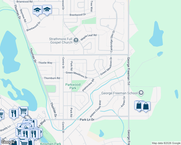 map of restaurants, bars, coffee shops, grocery stores, and more near 10 Greenview Crescent in Strathmore