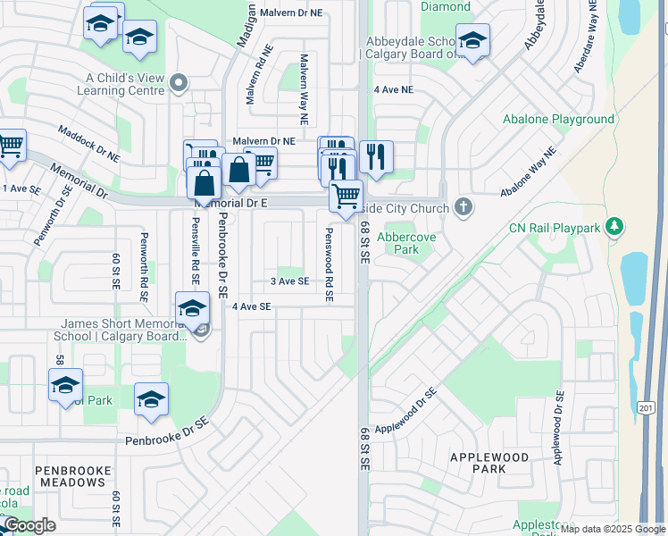 map of restaurants, bars, coffee shops, grocery stores, and more near 428 Penswood Road Southeast in Calgary
