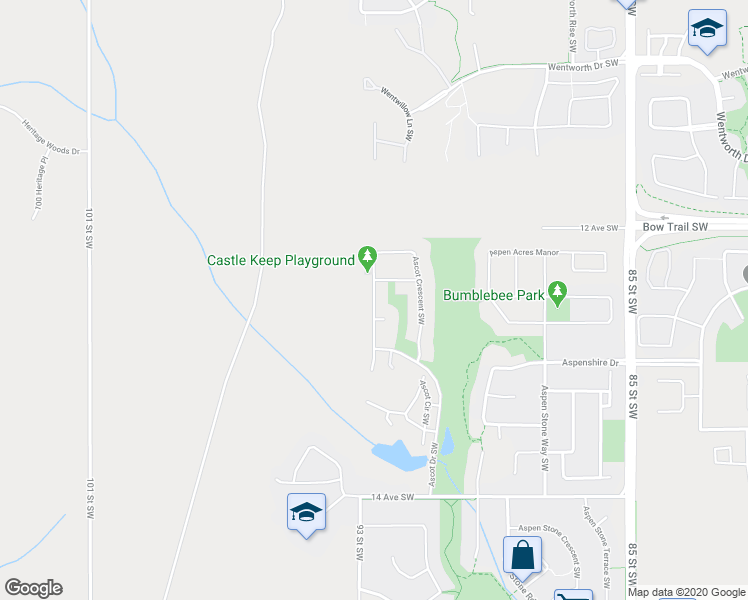 map of restaurants, bars, coffee shops, grocery stores, and more near Ascot Crescent Southwest in Calgary