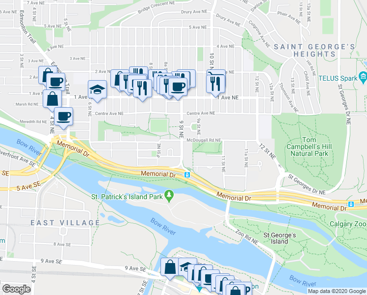 map of restaurants, bars, coffee shops, grocery stores, and more near 103 9 Street Northeast in Calgary