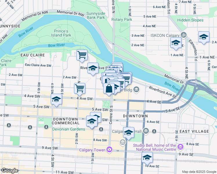 map of restaurants, bars, coffee shops, grocery stores, and more near in Calgary