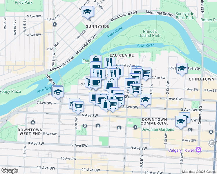 map of restaurants, bars, coffee shops, grocery stores, and more near 701 3 Avenue Southwest in Calgary
