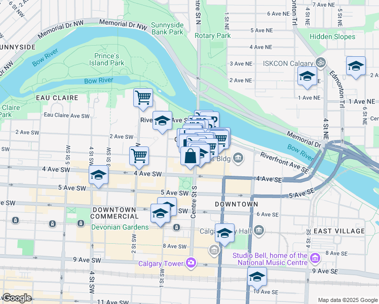 map of restaurants, bars, coffee shops, grocery stores, and more near in Calgary