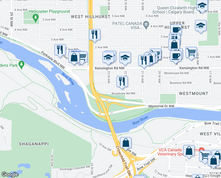 map of restaurants, bars, coffee shops, grocery stores, and more near 120 23 Street Northwest in Calgary