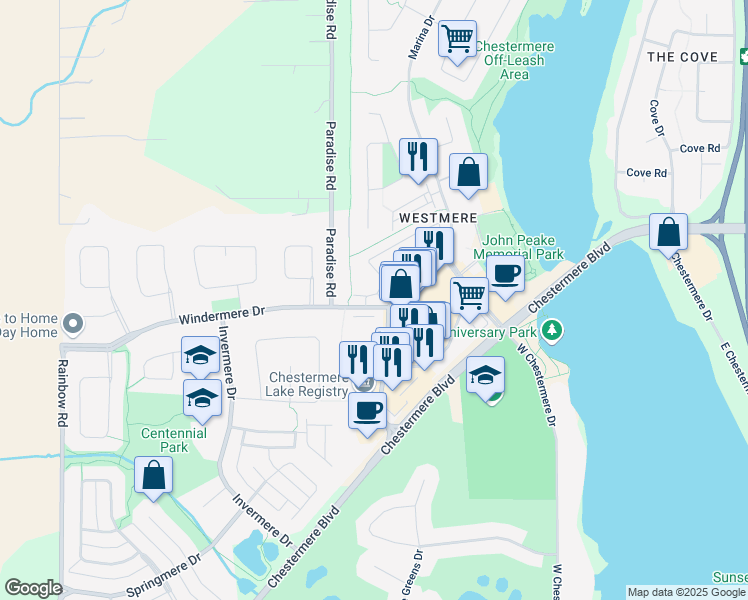 map of restaurants, bars, coffee shops, grocery stores, and more near 15 Windermere Drive in Chestermere