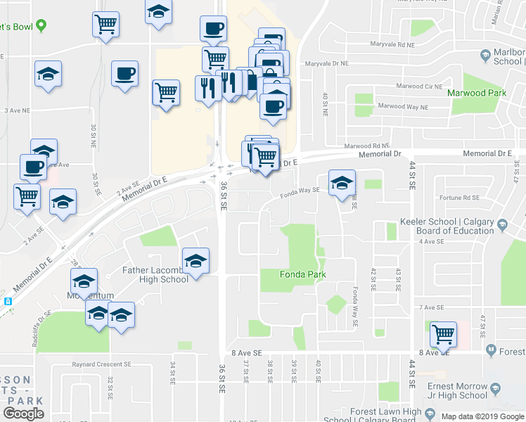 map of restaurants, bars, coffee shops, grocery stores, and more near in Calgary