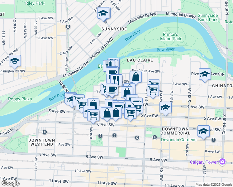 map of restaurants, bars, coffee shops, grocery stores, and more near in Calgary