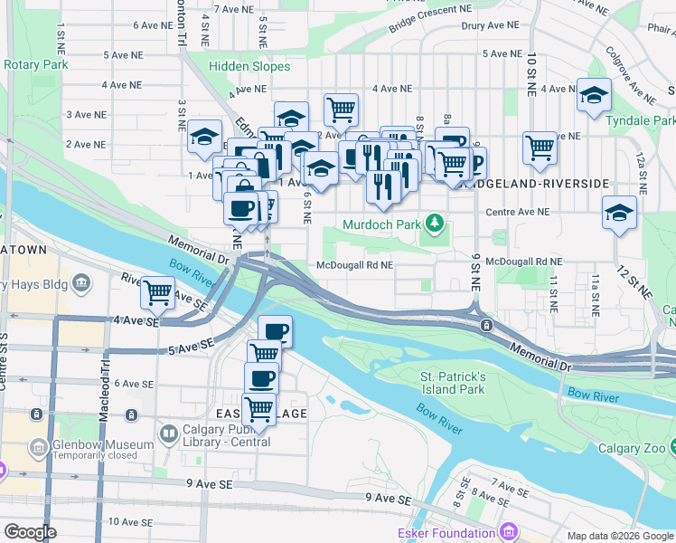 map of restaurants, bars, coffee shops, grocery stores, and more near 723 McDougall Road Northeast in Calgary