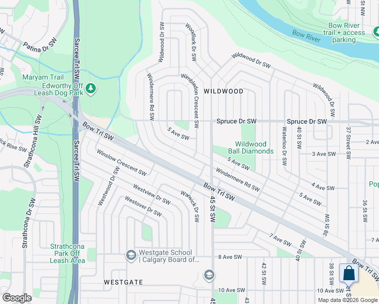 map of restaurants, bars, coffee shops, grocery stores, and more near 17 Wimbledon Crescent Southwest in Calgary