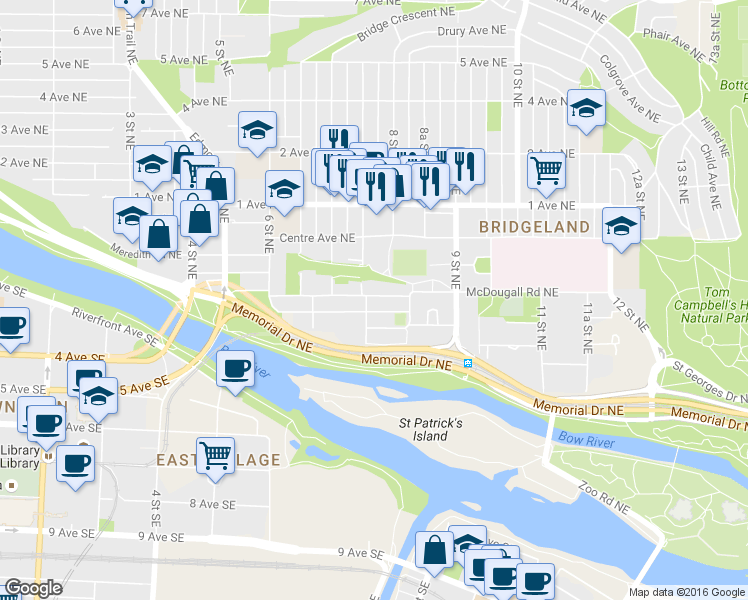 map of restaurants, bars, coffee shops, grocery stores, and more near 830 McDougall Road Northeast in Calgary