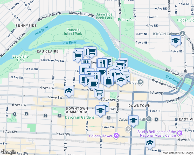 map of restaurants, bars, coffee shops, grocery stores, and more near 197 1 Street Southwest in Calgary