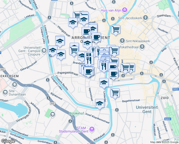 map of restaurants, bars, coffee shops, grocery stores, and more near 140 Oude Houtlei in Gent