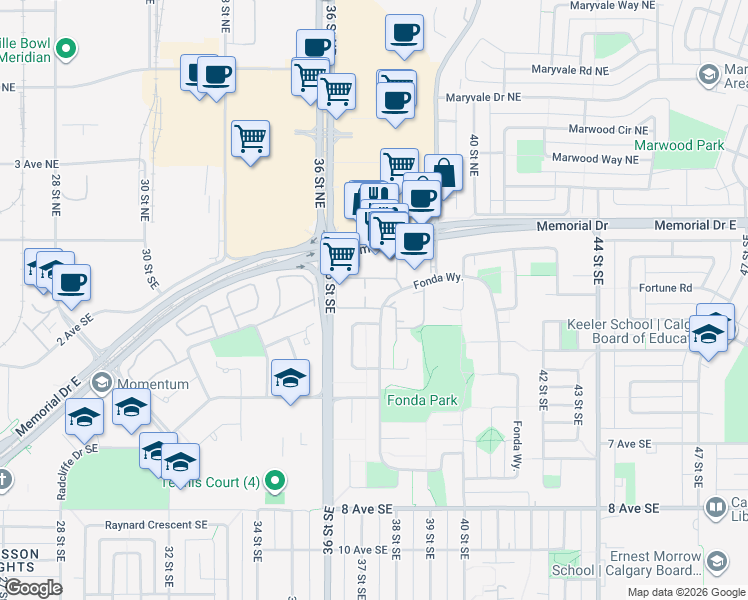 map of restaurants, bars, coffee shops, grocery stores, and more near 3745 Fonda Way Southeast in Calgary