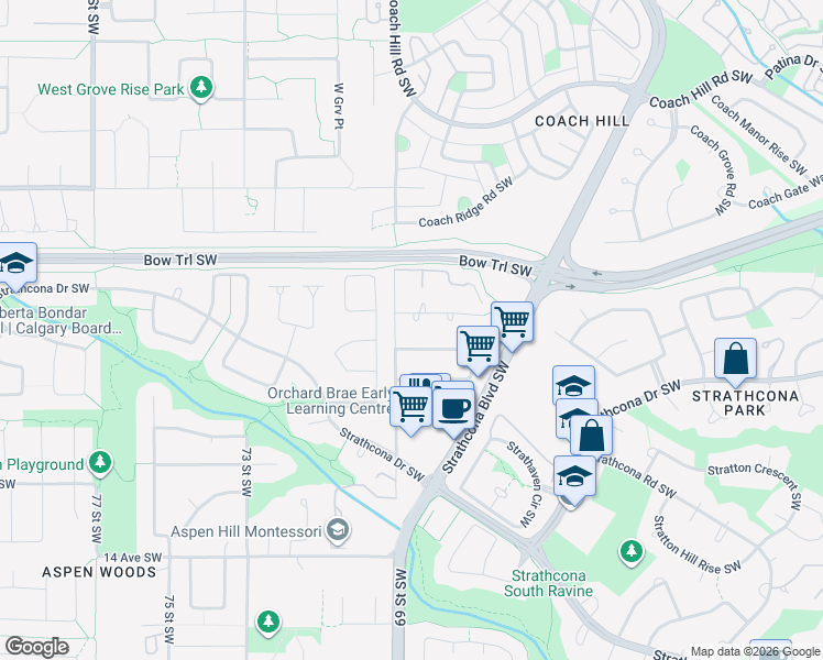 map of restaurants, bars, coffee shops, grocery stores, and more near 105 Straddock Terrace Southwest in Calgary