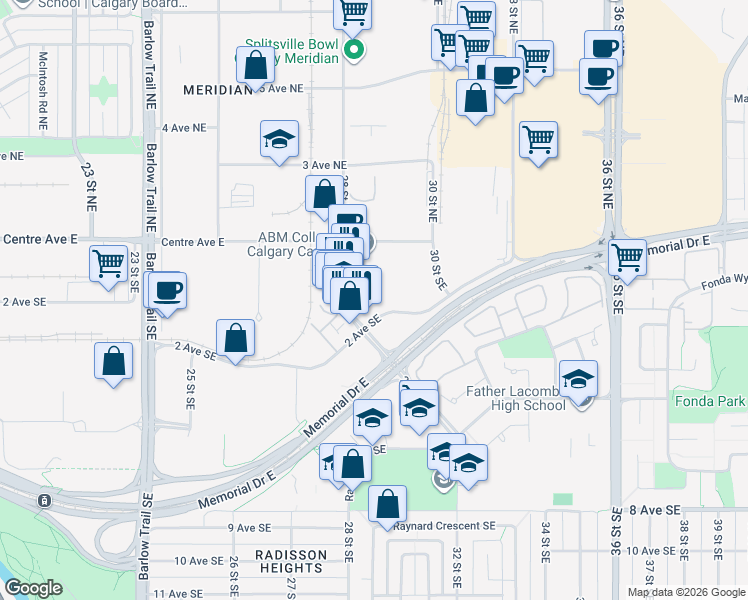 map of restaurants, bars, coffee shops, grocery stores, and more near 2908 2 Avenue Southeast in Calgary
