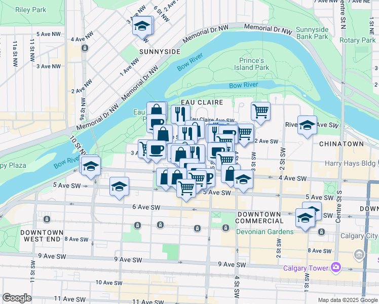 map of restaurants, bars, coffee shops, grocery stores, and more near 630 3 Avenue Southwest in Calgary