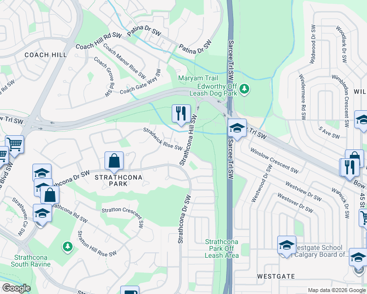 map of restaurants, bars, coffee shops, grocery stores, and more near 5515 Strathcona Hill Southwest in Calgary