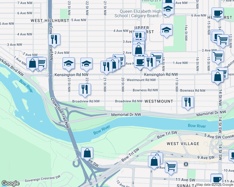 map of restaurants, bars, coffee shops, grocery stores, and more near 2125 Bowness Road Northwest in Calgary