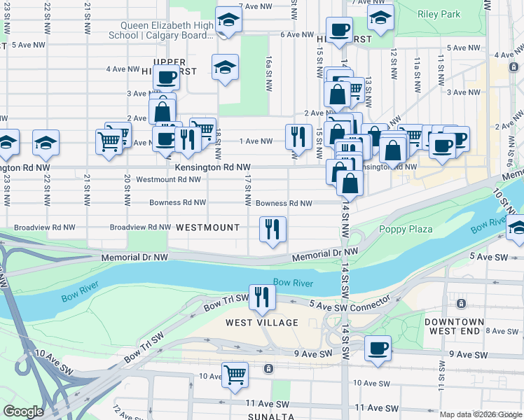 map of restaurants, bars, coffee shops, grocery stores, and more near 42 17 Street Northwest in Calgary