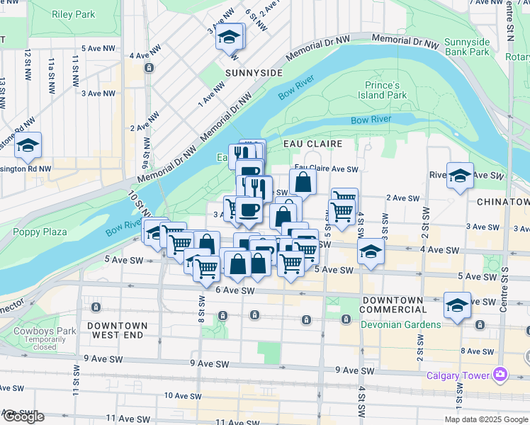 map of restaurants, bars, coffee shops, grocery stores, and more near 738 3 Avenue Southwest in Calgary