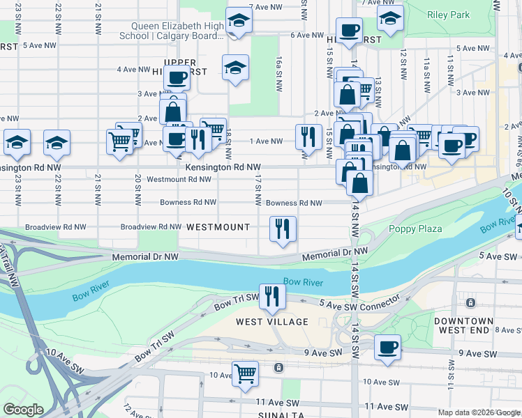 map of restaurants, bars, coffee shops, grocery stores, and more near 42 17 Street Northwest in Calgary