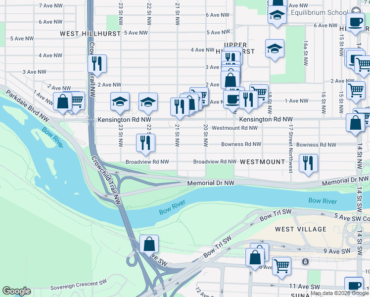 map of restaurants, bars, coffee shops, grocery stores, and more near 2131 Bowness Road Northwest in Calgary