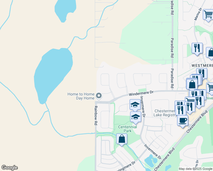 map of restaurants, bars, coffee shops, grocery stores, and more near Hawkmere Way in Chestermere