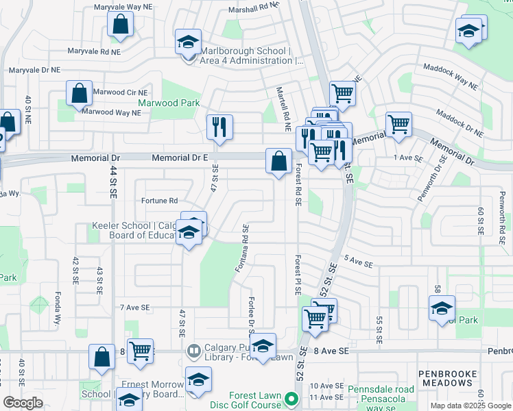 map of restaurants, bars, coffee shops, grocery stores, and more near 5115 Fourier Drive Southeast in Calgary