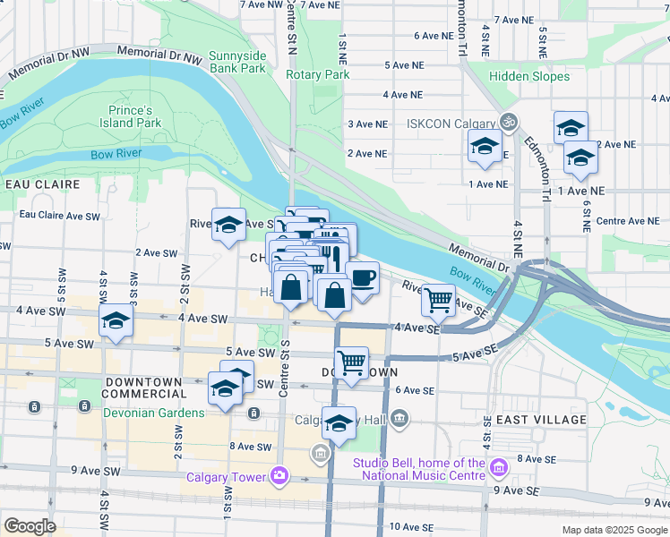 map of restaurants, bars, coffee shops, grocery stores, and more near 198 Riverfront Avenue Southeast in Calgary