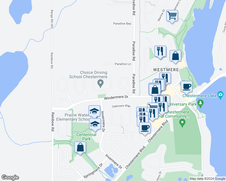 map of restaurants, bars, coffee shops, grocery stores, and more near 115 Hawkmere View in Chestermere