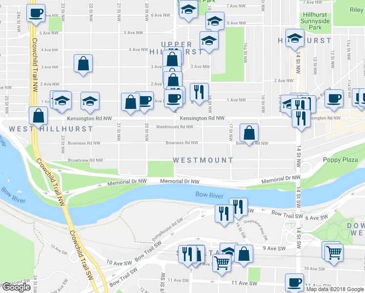 map of restaurants, bars, coffee shops, grocery stores, and more near 1931 Bowness Road Northwest in Calgary