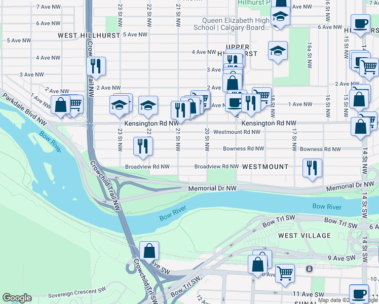 map of restaurants, bars, coffee shops, grocery stores, and more near 2125 Bowness Road Northwest in Calgary