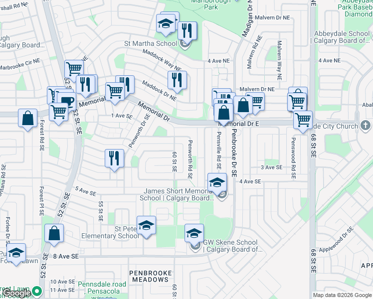 map of restaurants, bars, coffee shops, grocery stores, and more near 6151 Penworth Road Southeast in Calgary
