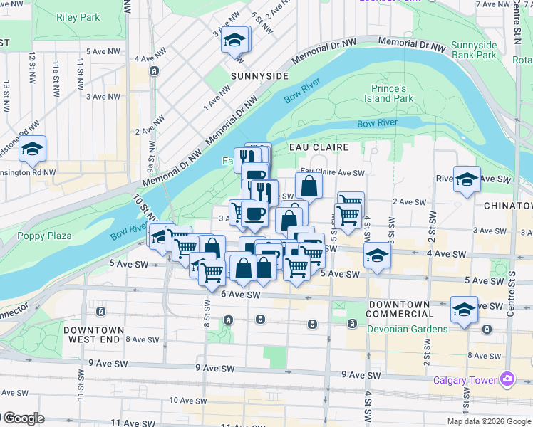 map of restaurants, bars, coffee shops, grocery stores, and more near in Calgary
